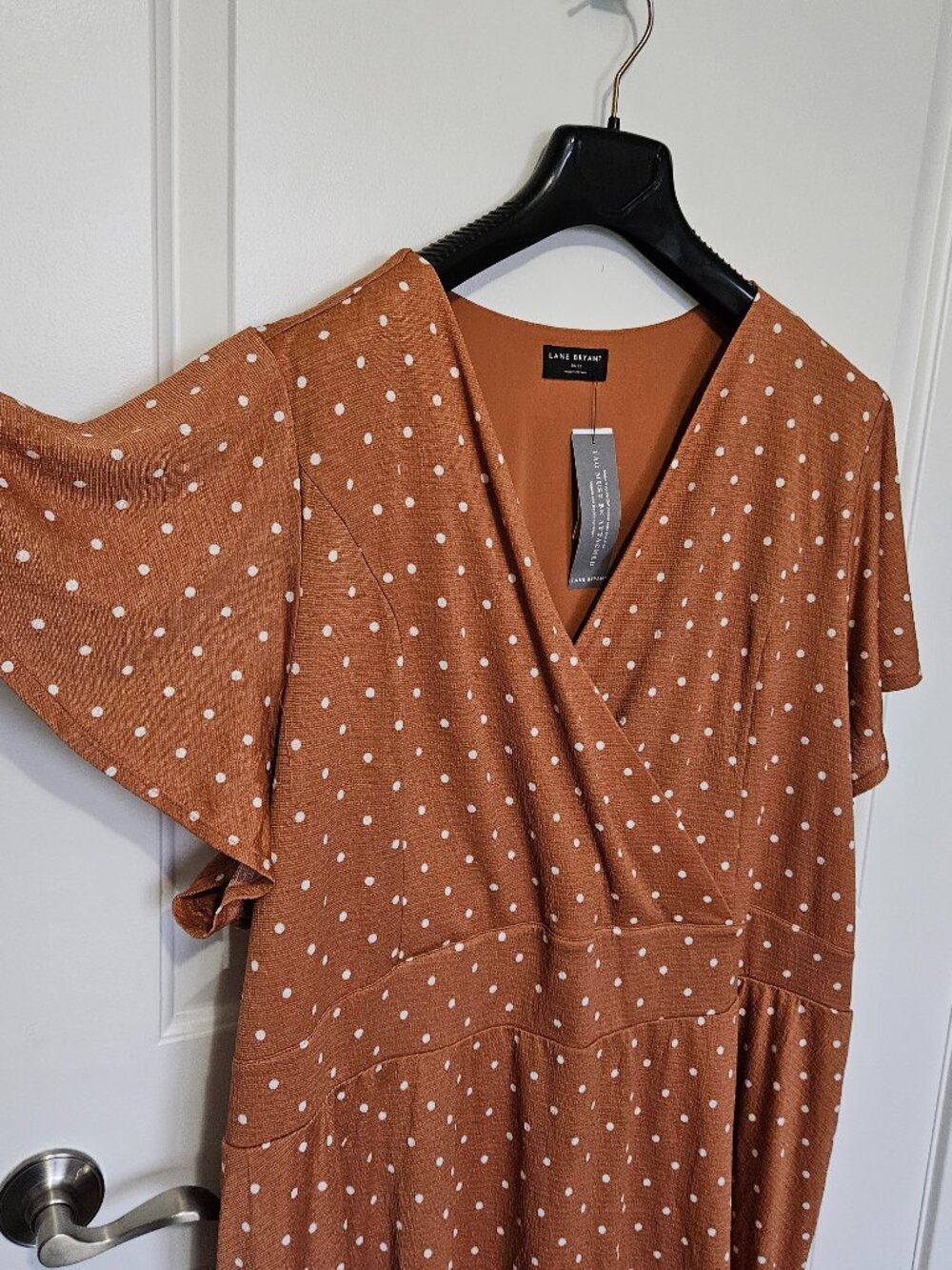 Lane Bryant NWT Flutter Sleeve Terracotta Rust Polka Dot Faux Wrap Dress Size 30